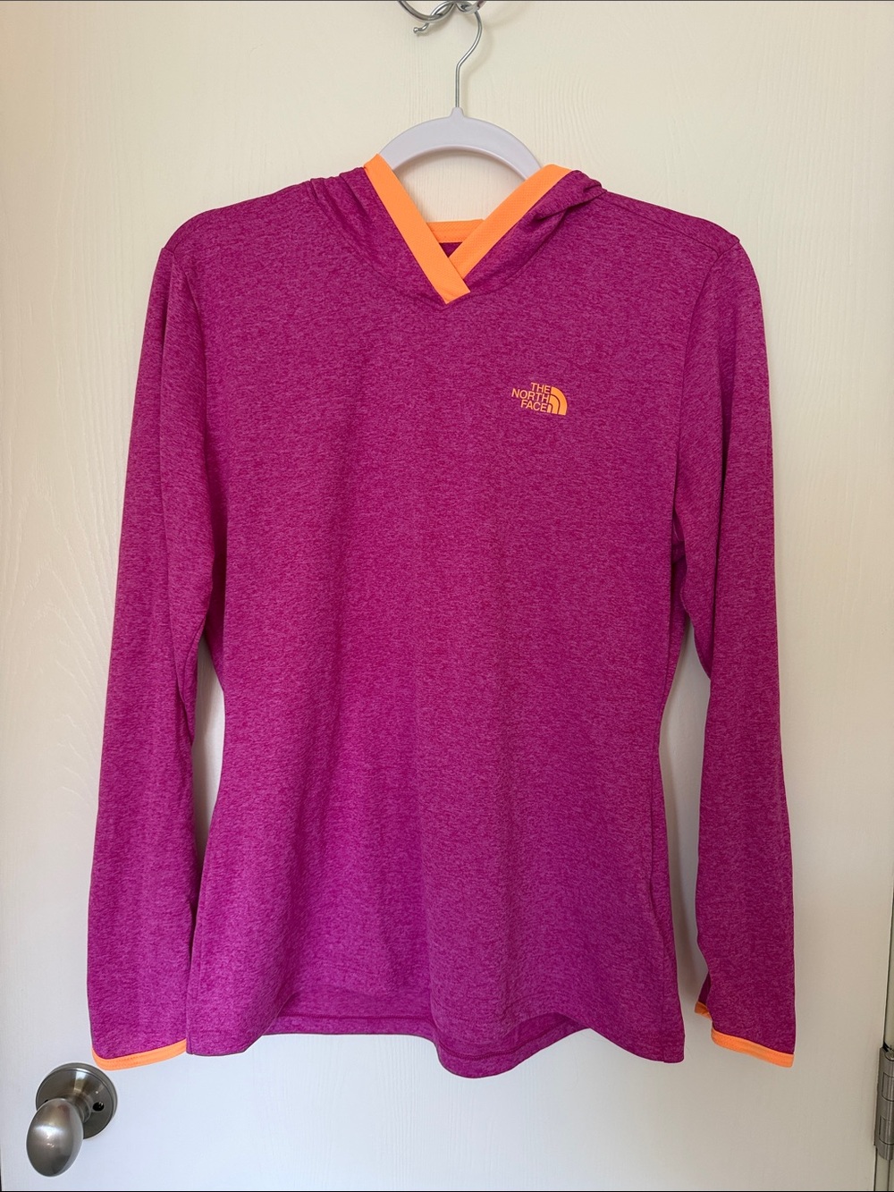 The North Face Women's Magenta Hooded Long-Sleeve Top with Orange Trim